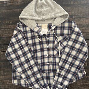 TGLA Plaid Oversized Crop Flannel with Hoodie | Size Medium | NWT